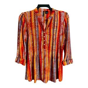Y2K Pintuck Boho Blouse Womens M Roll Tab Sleeve Aztec Southwestern Tunic Artsy